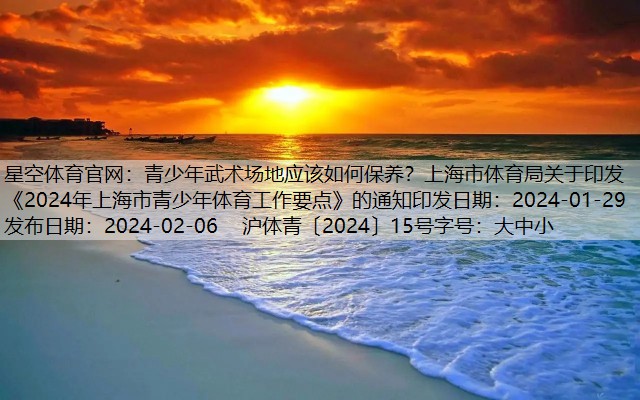 青少年武术场地应该如何保养？上海市体育局关于印发《2024年上海市青少年体育工作要点》的通知印发日期：2024-01-29    发布日期：2024-02-06    沪体青〔2024〕15号字号：大中小